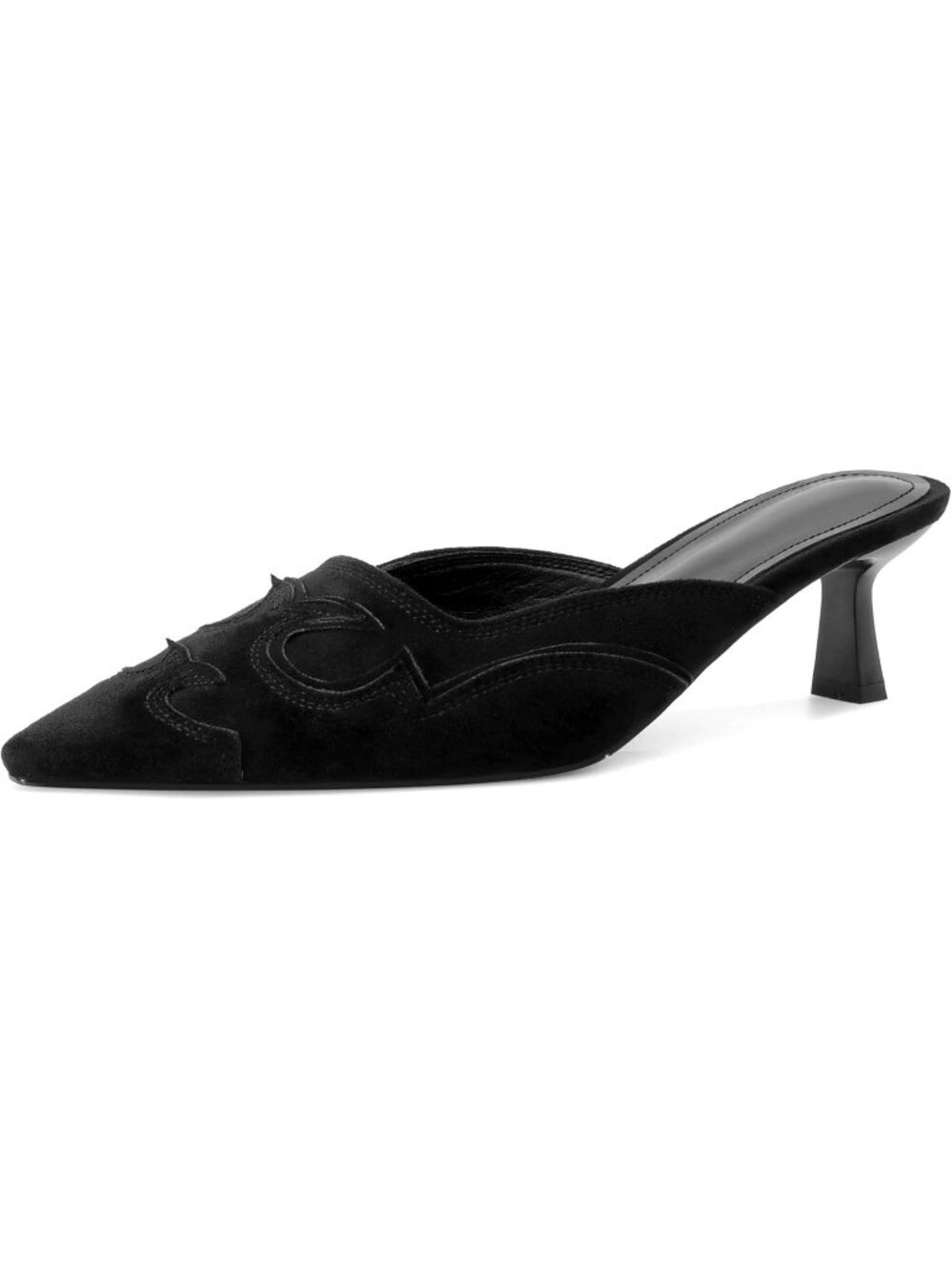 Women's Black Suede Kitten Heel Mules Stitching Flame Design Close Toe Heel Pump